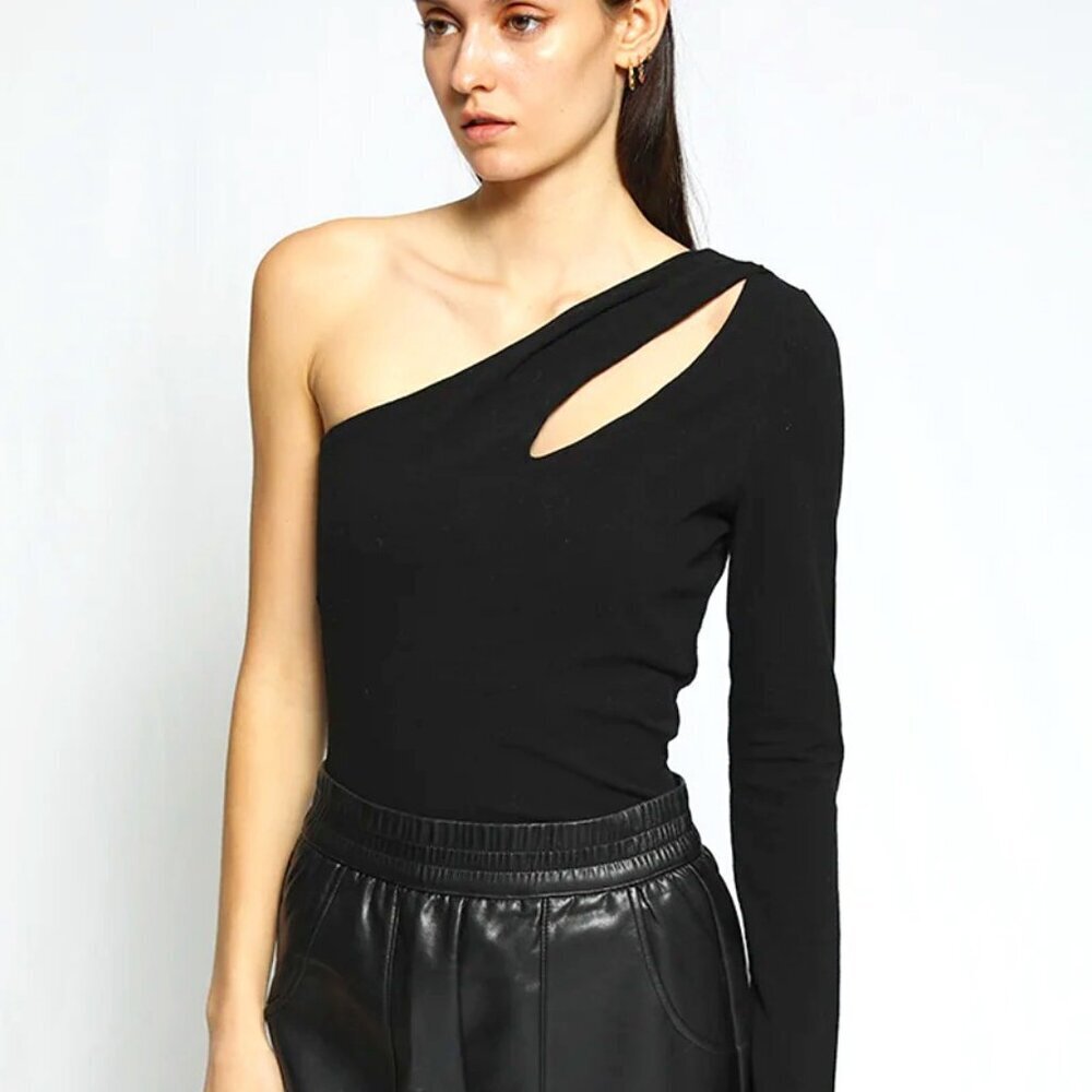 THE RANGE One Shoulder Cutout Sweater Soft Texture Jet Black S MSRP $155 NWT
